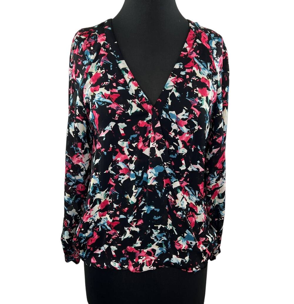 PARKER Black Floral 100% Silk Pleated Cut-Out Back Blouse Long Sleeve Chiffon S